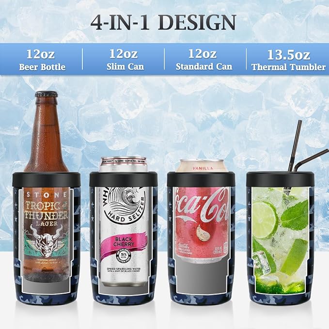 MAXSO Slim Can Cooler, 4-in-1 Double Walled Stainless Steel Insulated Beer Can Holder, Works With All 12 Oz Cans,Bottles & As A Pint Cups - Camo Flag