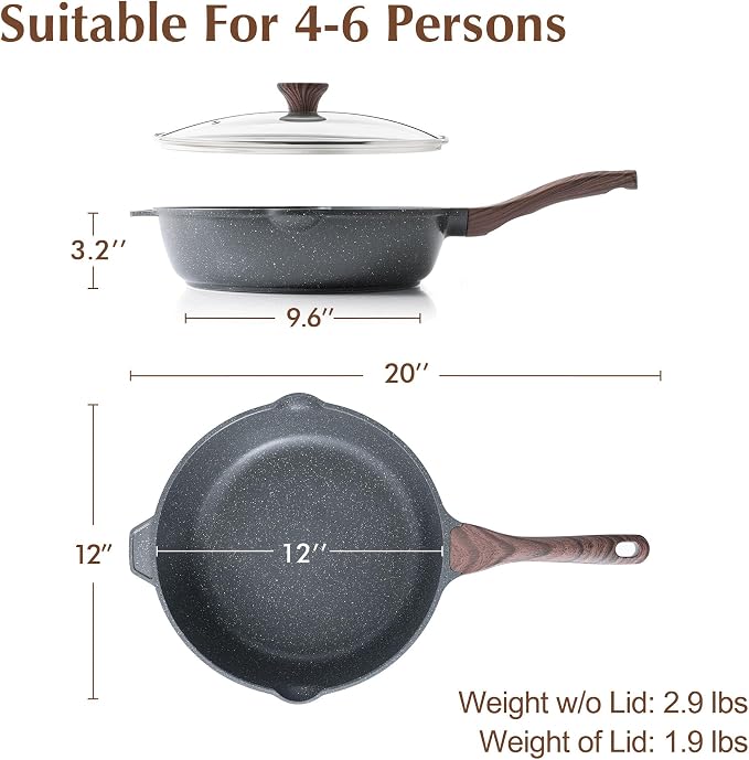 SENSARTE Nonstick Deep Frying Pan Skillet, 12-inch Saute Pan with Lid, Stay-cool Handle, Chef Pan Healthy Stone Cookware Cooking Pan, Induction Compatible, PFOA Free (Pack of 2)