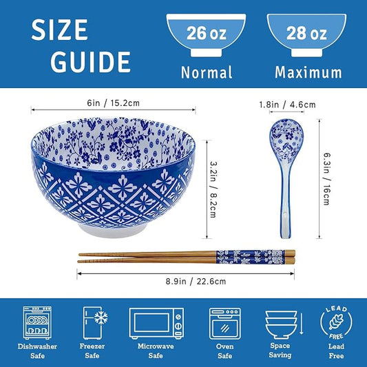 28Oz Ceramic Ramen Noodle Pho Bowl Set with Chopstick&Spoon&Gift box | Lead & Cd Free, Food Safe, Microwave/Oven/Dishwasher Safe, Matching pattern set, foam packed, ideal all-occasion gift