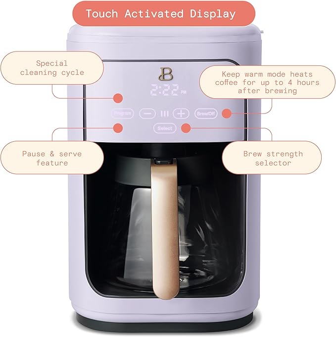 Beautiful Coffee Maker, 14-Cup, Touch-Activated Display, Programmable, Automatic Shut-Off, 1200W, Keep Warm, 24h Timer (Lavender)