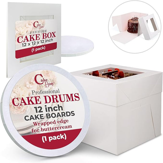 Cakebon Cake Boxes with Boards - 12 Inch Round Cake Drum White (1-pack) - Box With Window for Birthdays, Weddings and Parties