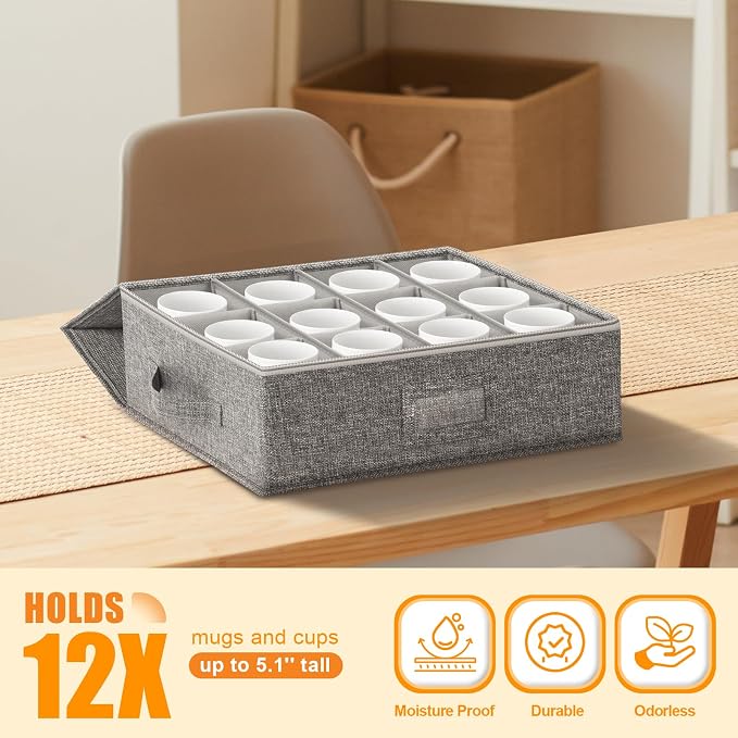 Kukikan Coffee Mug Storage Box 2 Pack with Dividers, China Storage Containers Organizer for Moving, Hard Shell & Stackable for 24 Coffee Tea Cups 5.5" Tall with Sturdy Lid & Handles, Grey