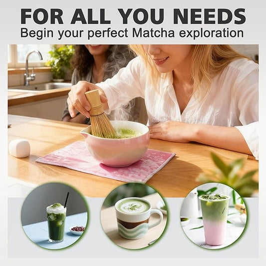Matcha Whisk Bowl Set, 7PCS All-in-One Japanese Tea Set Includes Matcha Bowl with Spout, Bamboo Whisk (Chasen) with Stand, Scoop, Sifter, Complete Kit for Ceremony, Gift for Matcha Tea Lovers