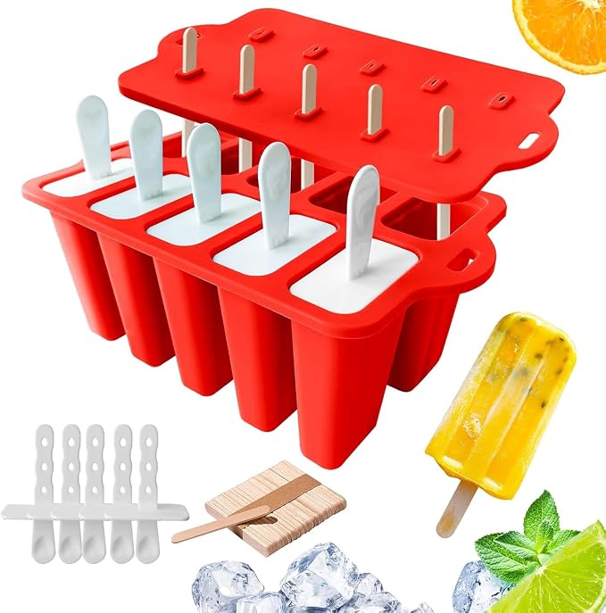 Easy Release Popsicles Molds, 10-Cavity Silicone Popsicle Molds with Sticks, Popsicle Maker Mold Set, BPA Free Homemade Ice Pop Mold for Kids, Toddlers, Adults