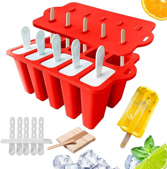 Easy Release Popsicles Molds, 10-Cavity Silicone Popsicle Molds with Sticks, Popsicle Maker Mold Set, BPA Free Homemade Ice Pop Mold for Kids, Toddlers, Adults