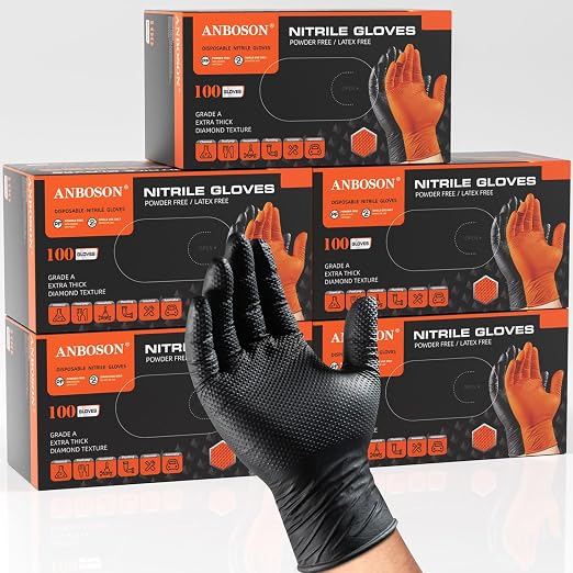 ANBOSON 10 Mil Heavy Duty Industrial Nitrile Gloves, Black Medium 500 Count | 500 Ct Diamond Texture, Disposable Latex Free Rubber Gloves for Auto Repair,Workshop,Warehouses,Chemical Handling Industrial