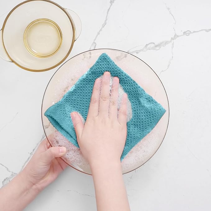 Homaxy 100% Cotton Waffle Weave Kitchen Dish Cloths, 7-Pack, Lake Blue | 12 x 12 Inches, Ultra Soft Absorbent Dish Towels, Quick Drying Dish Rags with Hanging Loop