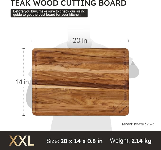 20'' Extra Large Teak Cutting Board Kitchen Non Slip Wood Butcher Block | Wooden Chopping Board, Heavy Duty, Over Sink, Solid Thick, Meat, Non Toxic, Extra Large, Juice Groove, Best Kitchen Gift