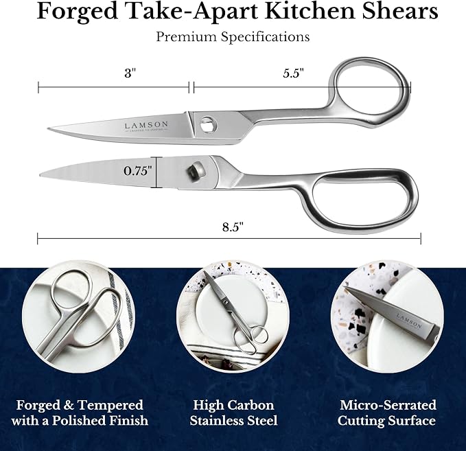Lamson Kitchen Shears, 8 In Forged Take Apart Poultry Scissors | High-carbon steel cuts chicken bones, herb stems, twine and pizza; blades separate at the pivot; all stainless build