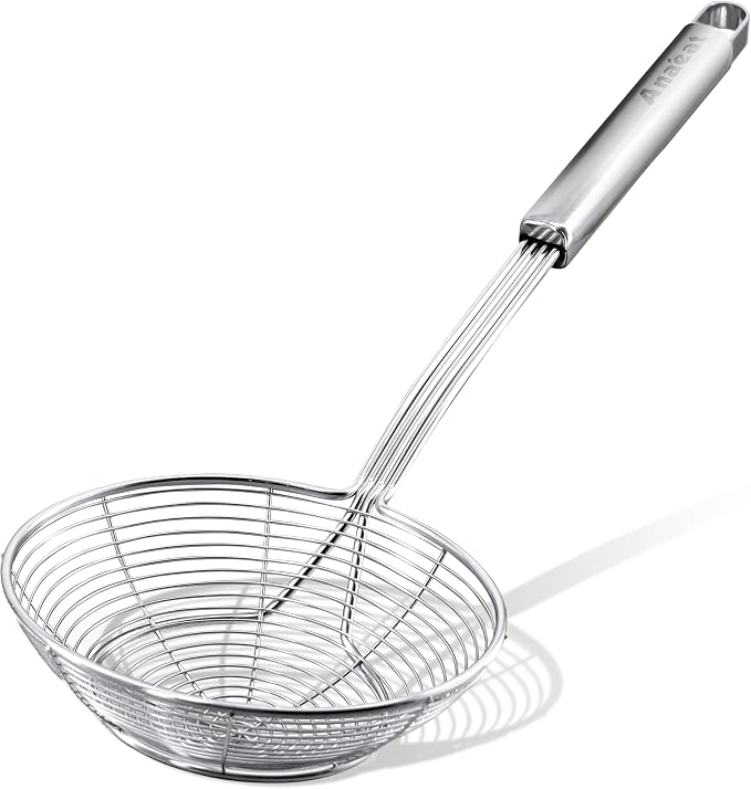 Anaeat Stainless Steel Spider Strainer Skimmer - Solid Kitchen Strainer Ladle with Long Handle for Cooking and Frying, Reinforced Double Coil Slotted Spoons for Pasta, Noodle, Spaghetti (7 Inch)
