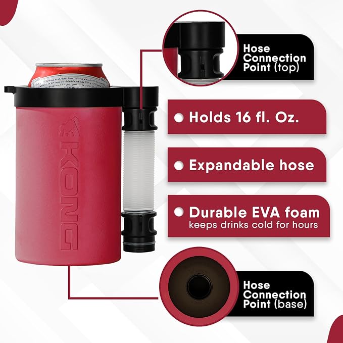 The Kong 2.0 - A Portable Can or Bottle Cooler/Cup With A Detachable, Expandable, Hose To Funnel Your Drink (Red)