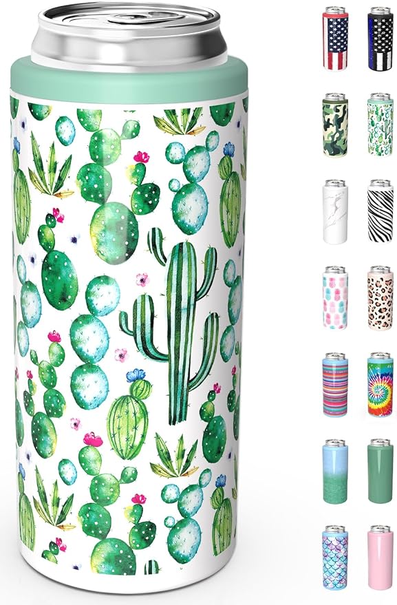 TILUCK Skinny Can Cooler, Stainless Steel Insulated Slim Cans, 12 oz | Beer & Hard Seltzer, Doucle-Walled Stainless Steel Insulated Slim Cans, Slim 12 oz(Cactus)