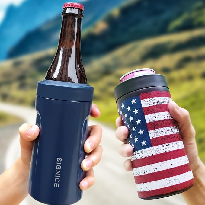 3 In 1 Insulated Universal Can Cooler - Signice Double Walled Vacuum Insulator Stainless Steel Slim Can Cooler for 12 Oz Skinny Tall Standard Regular Can Beer Bottle (Navy Blue)