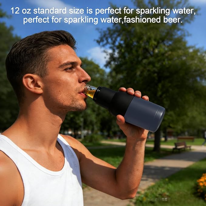 12oz Vacuum Insulated Can Holder with Double Walled Stainless Steel | Beer Soda Can Cooler with Beer Opener, 3 in 1 Beer Bottle Insulators Holder Ice Cold for Hours Beer Lovers - Navy Blue