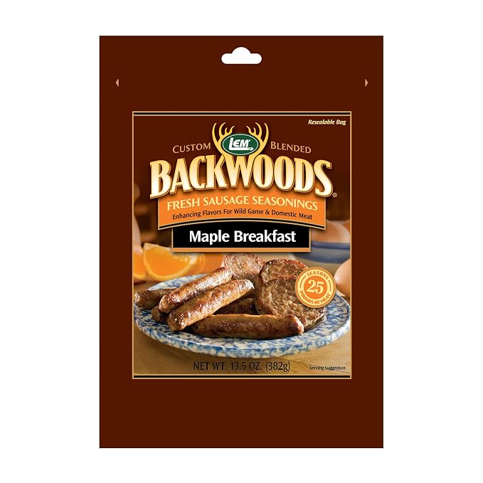 LEM Products Backwoods Maple Breakfast Fresh Sausage Seasoning, 13.5 oz | Pre-Measured Seasoning for Wild Game and Domestic Meat, Seasons Up to 25 Pounds of Meat for Homemade Patties and Sausages