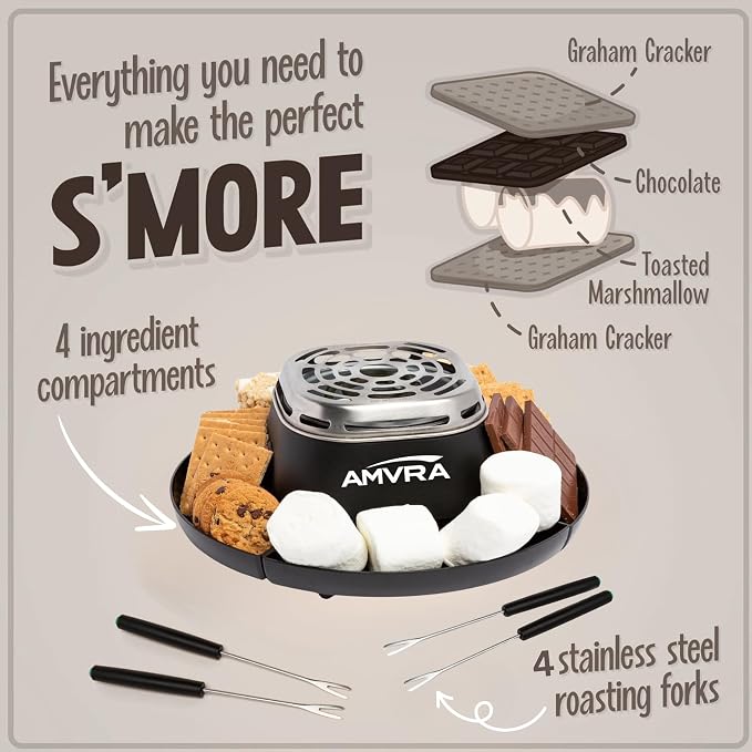 AMVRA Indoor Electric S'Mores Maker Smores Kit with 4 Stainless Steel Marshmallow Roasting Sticks and 4 Trays for Graham Crackers, Chocolate, and Marshmallows - Movie Night Supplies - Black
