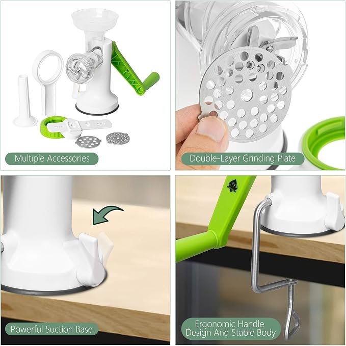 Manual Meat Grinder, Heavy Duty Meat Mincer Sausage Stuffer,Hand Grinder with Stainless Steel Blades for Meat, Sausage, Cookies,Green(3 in 1, with table clamp)