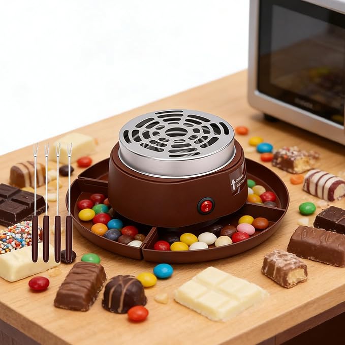 Dpofirs 2 in 1 Electric Smores Maker and Fondue Pot, Indoor Tabletop Roaster, with No Flame Heating, 4 Forks and 4 Detachable Trays, for Parties, Family Dessert (US Plug 110V)