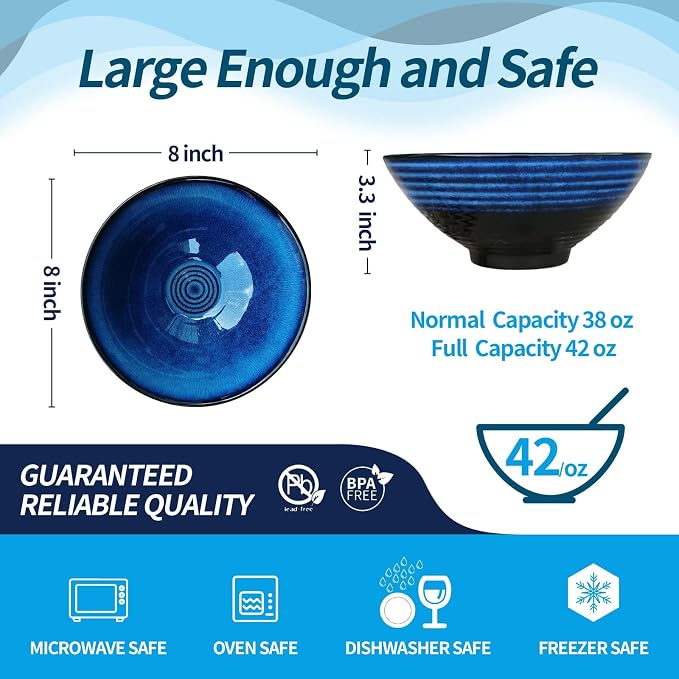 NJCHARMS Ceramic Ramen Bowl Set of 2, 42 oz Japanese Noodle Soup Bowls with Spoons and Chopsticks for Ramen Soup Pho Udon Asian Noodles, Large Noodle Bowls(Blue)