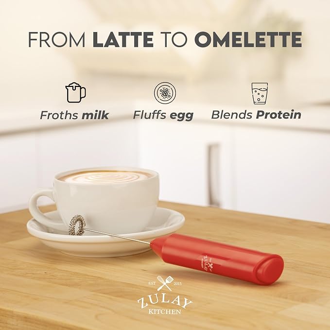 Zulay Kitchen Powerful Milk Frother AA Batteries Included – Ultra Fast Handheld Drink Mixer with Stainless Steel Whisk Stirrer for Coffee, Protein, Matcha & More, Frother Wand Electric Frothmate