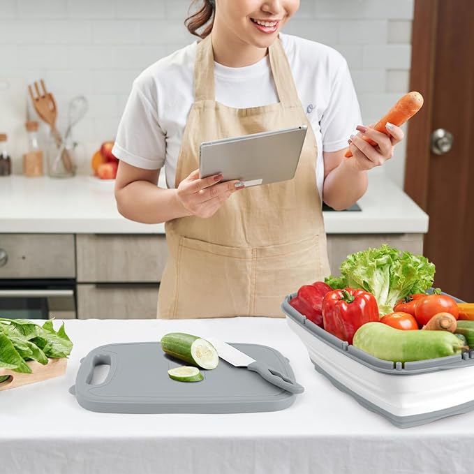 HI NINGER Collapsible Cutting Board with Colander, 9-In-1 Multi Chopping Board Kitchen Vegetable Washing Basket for Camping Gifts Camping Accessories for RV Campers