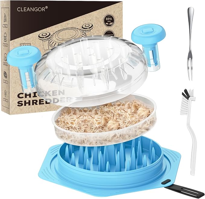CLEANGOR Chicken Shredder Tool Twist Large, BPA Free Meat Shredder | with Ergonomic Handle, Non-Slip Food Shredder Tool for Pork, Beef, Set of Chicken Breast Shredder with Brush & Fork