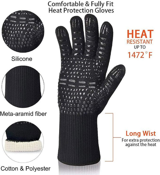 BBQ Grill Gloves, 1472°F Extreme Heat Resistant Grilling Gloves Non-Slip Oven Mitts Potholder, Perfect for Barbecue, Cooking, Baking, 1 Pair (Black)(13" Length)