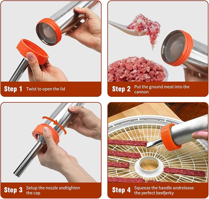 Hoypeyfiy Stainless Steel Jerky Gun Sausage Maker Sausage Stuffer Handmade Beef Jerky Gun with 5 Stainless Nozzles Meat Pusher Cleaning Brushes Kit (2.5LB)