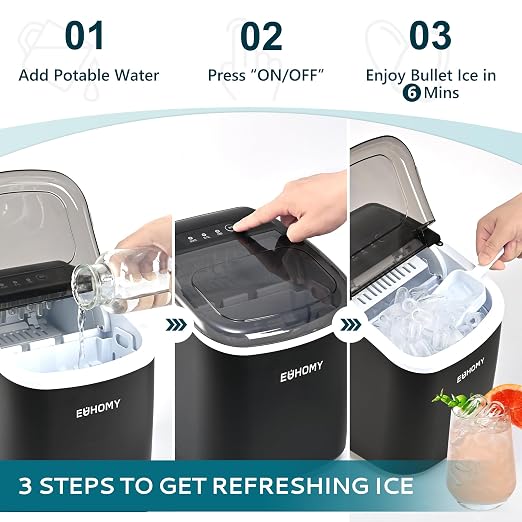 EUHOMY Countertop Ice Maker Machine with Handle, 26.4lbs Per Day, 9 Ice Cubes Ready in 6 Mins, Auto-Cleaning Portable Ice Maker with Basket and Scoop, for Home/Kitchen/Camping/RV (Black)