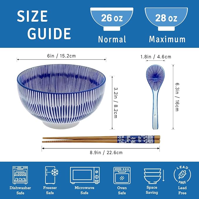 28Oz Ceramic Ramen Noodle Pho Bowl Set with Chopstick&Spoon&Gift box | Lead & Cd Free, Food Safe, Microwave/Oven/Dishwasher Safe, Matching pattern set, foam packed, ideal all-occasion gift