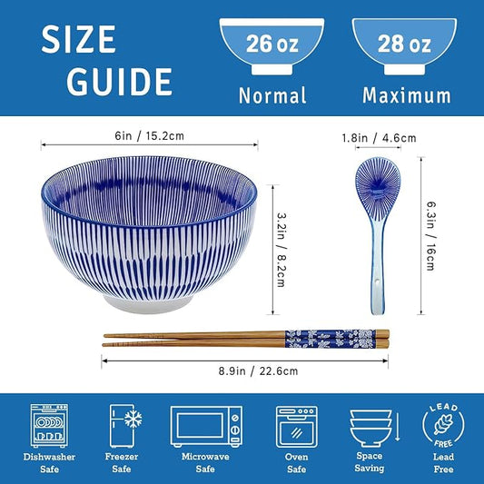 28Oz Ceramic Ramen Noodle Pho Bowl Set with Chopstick&Spoon&Gift box | Lead & Cd Free, Food Safe, Microwave/Oven/Dishwasher Safe, Matching pattern set, foam packed, ideal all-occasion gift