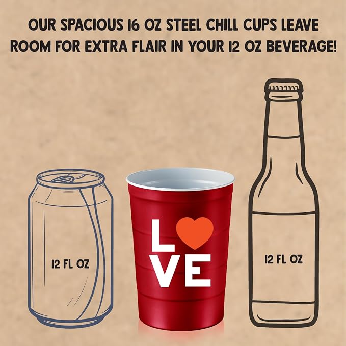 Steel Chill Cups 16 oz. Reusable Party Cups, Love & Heart Design, 12 Count | Made in USA from Steel these durable cups chill fast & keep your drink cold for longer, 100% recyclable for sustainablity