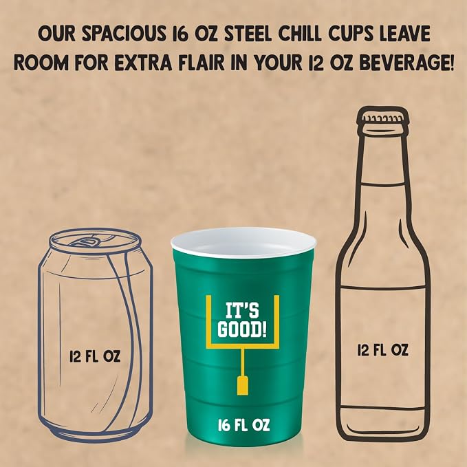 Steel Chill Cups 16 oz. Reusable Party Cups, Football, Green, 12 Count | Made in USA from Steel these durable cups chill fast & keep your drink cold for longer, 100% recyclable for sustainablity