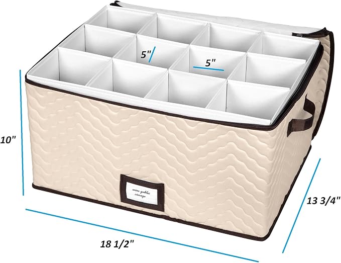Wine Glass Storage Box with Dividers, Holds 12 Glasses up to 4.25" Wide | Stemware Storage Case, Protects Fine China, Durable Quilted Microfiber, Carry Handles, Ideal for Red Wine Glass