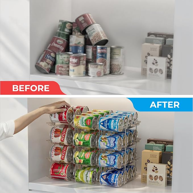 Can Organizer for Pantry 4 Tiers Rolling Can Storage Cupboard | Automatic Rolling Holds 48 Cans Combinable Canned Food Organizer Soda Can Organizer for Cupboard Cabinets Pantry Fridge Clear
