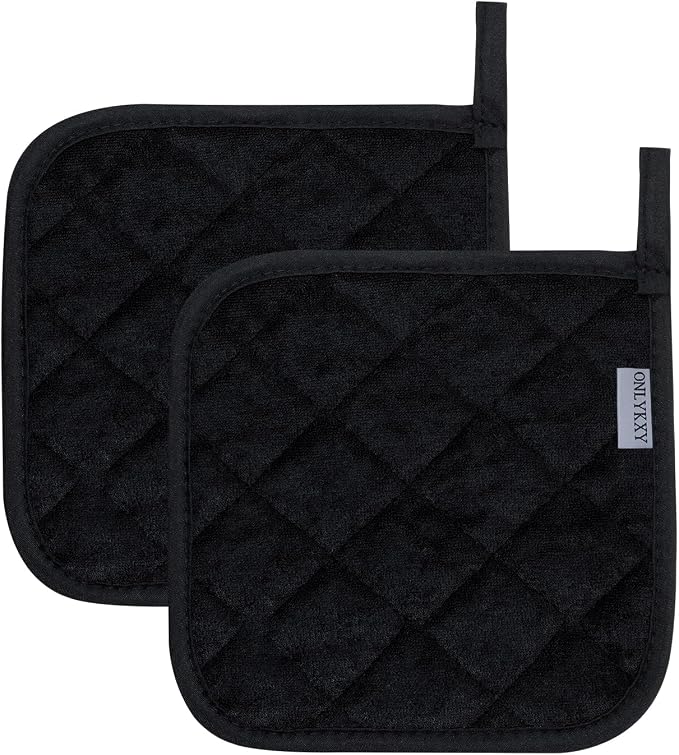 ONLYKXY 2pcs Cotton Heat Resistant Pads Basic Square Pot Holder 17cm/6.69inch Multipurpose Quilted Liner Little Trivet Cloth Potholders for Hot Cold Kitchen Baking Cooking Oven (Black)