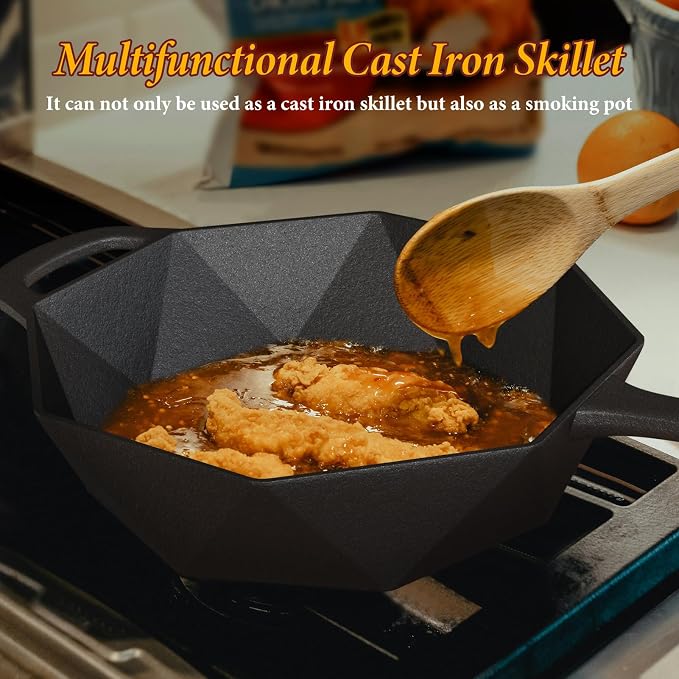 Cast Iron Skillet with Lid,Pre-seasone Mini Cast Iron Smoker Skillets & Egg Pan with Assist Handle, 6.5 Inch Octagonal Design Frying Pan for Searing, Baking, Grilling, Roasting (Skillet-1)