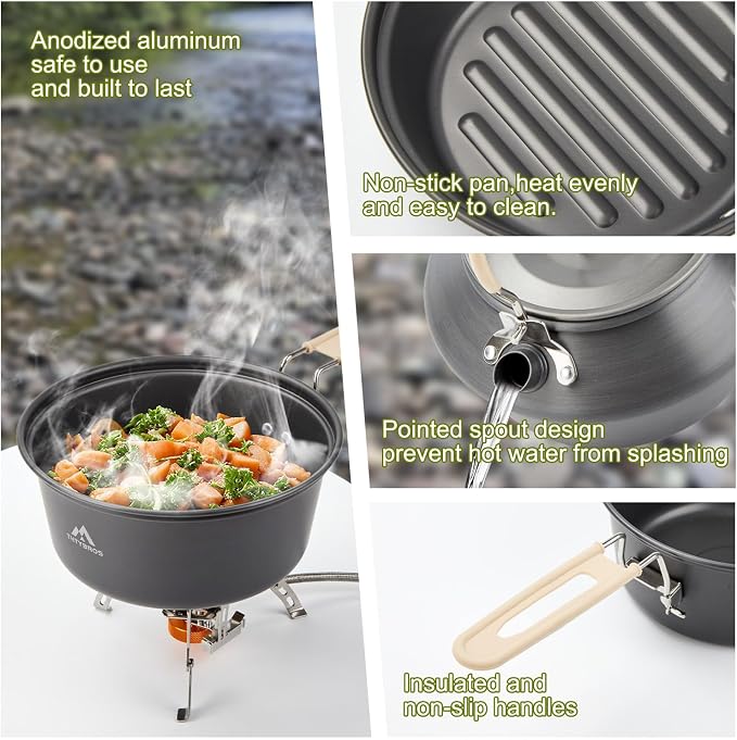 THTYBROS 27pcs Camping Cooking Set for 2-4 People, Portable Cookware Set with Kettle, Pots & Pans, Stainless Steel Utensils, Plates, Dishware for Backpacking, Picnic, Outdoor Adventures