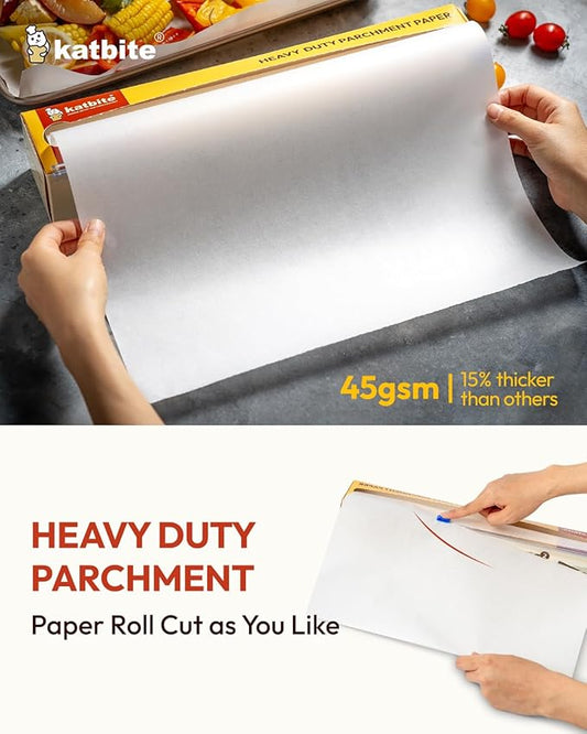 Katbite Heavy Duty Parchment Paper Roll for Baking, 12 in x 524 ft Non-Stick Baking Paper for Cooking, Baking Cookies, Grilling, Air Fryer and Steaming