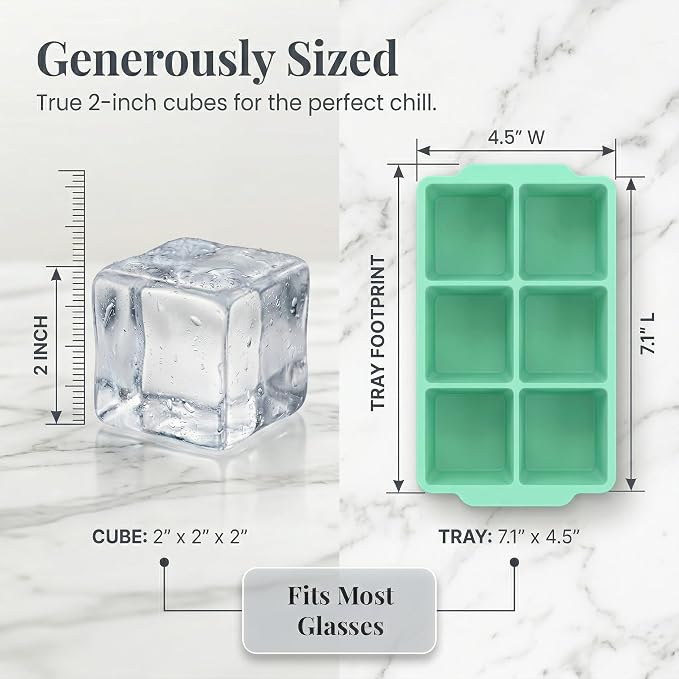 KitchFort® Large Silicone Ice Cube Tray (2-Pack), Easy Release 2" Big Ice Cubes - Cocktail, Whiskey Ice Cubes Mold - Ice Trays for Freezer with Lid - Stackable Silicone Ice Tray - Green