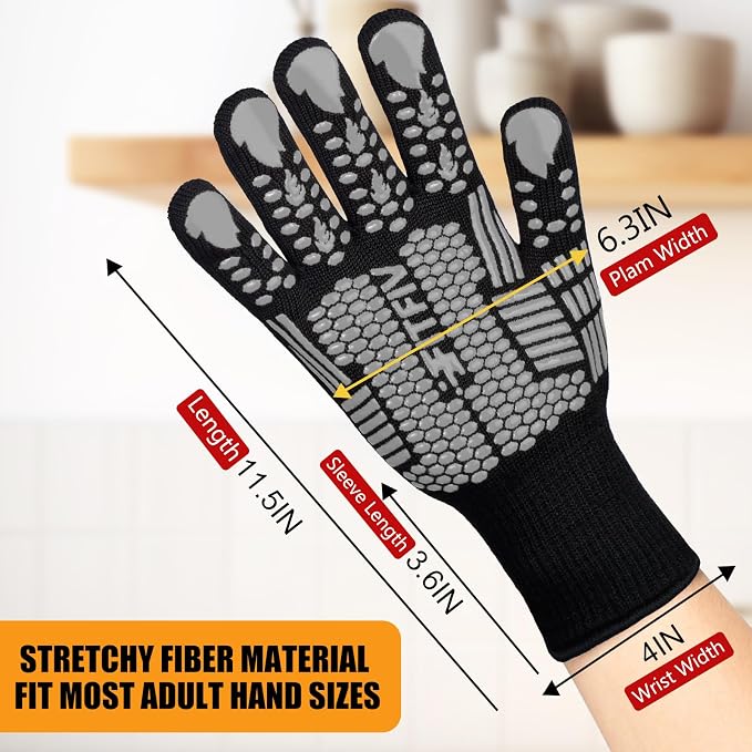 BBQ Gloves, Oven Gloves, 1472°F Extreme Heat Resistant Barbecue Gloves, Silicone Non-Slip Oven Mitts, Kitchen for Cooking, Grilling, and Baking