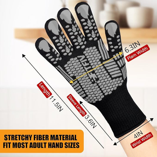 BBQ Gloves, Oven Gloves, 1472°F Extreme Heat Resistant Barbecue Gloves, Silicone Non-Slip Oven Mitts, Kitchen for Cooking, Grilling, and Baking