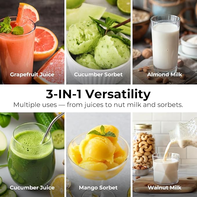 EanOruus Juicer Machines, 3-in-1 Cold Press Juicer, Premium Gray | Makes Juice, Nut Milk & Sorbet, 6.5" Extra Large Chute, 100oz Large Capacity, AC Motor