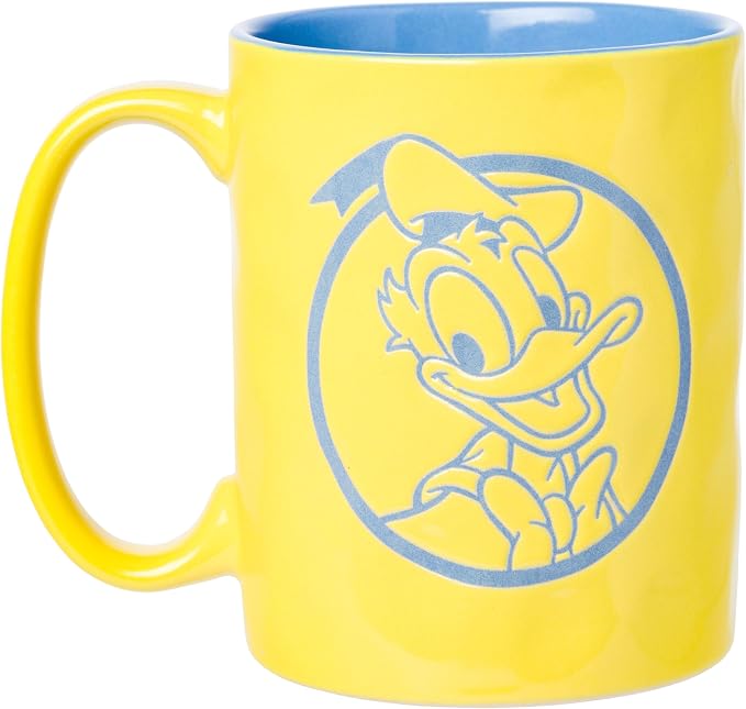 Silver Buffalo Disney Mickey and Friends Featuring Donald Duck Etched Engraved Wax Resist Handmade Ceramic Yellow and Blue Pottery Mug, 17 Ounces