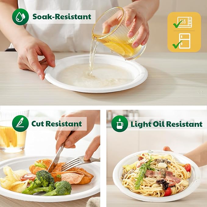 100% Compostable Paper Plates, 9 Inch, 125 Count, Biodegradable Bagasse Plates, Heavy Duty Disposable Plates Bulk for Party | Microwave-Safe | Soak-Resistant, Cut Resistant