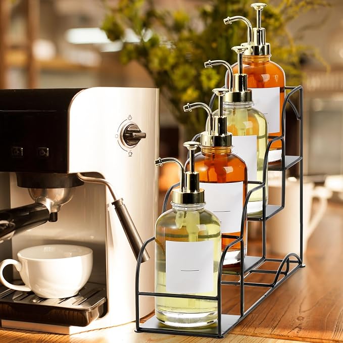 Noamus 4-Tier Syrup Bottle Holder, Iron 4 Compartment Bottle Organizer Rack, 16" Countertop Display Storage Shelf Bottle Stand, Metal Coffee Bar Organizer for Dressing, Wine, Juice, Kitchen, Black