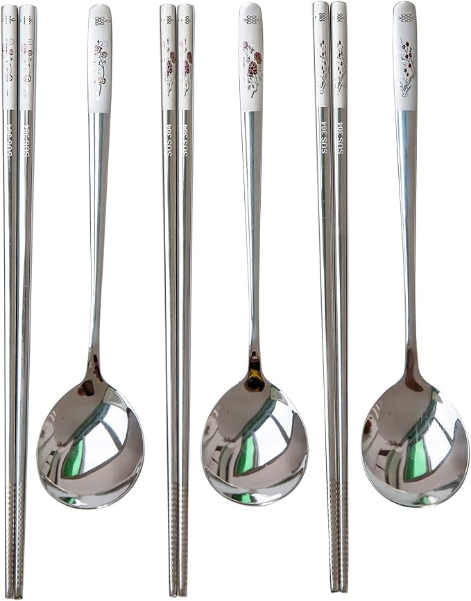 Reusable Chopstick and Spoon Set, Korean Long Handle Stainless Steel Spoon and Chopsticks Set, Dishwasher Safe Metal Chop sticks, Set of 3. (Multi-patterned)