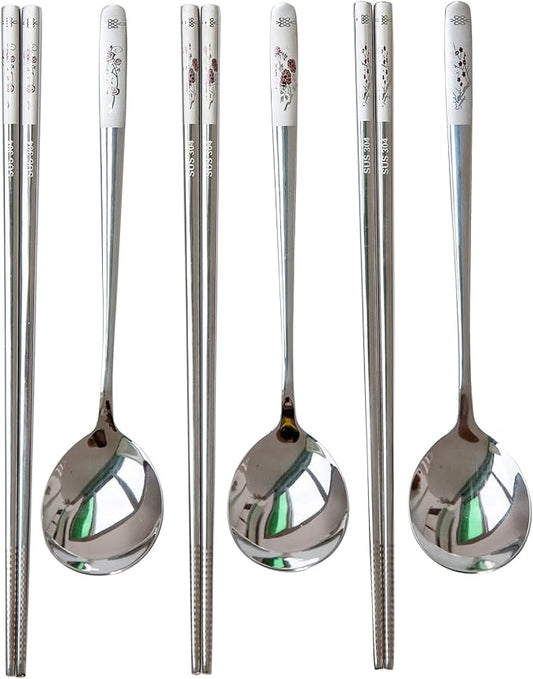 Reusable Chopstick and Spoon Set, Korean Long Handle Stainless Steel Spoon and Chopsticks Set, Dishwasher Safe Metal Chop sticks, Set of 3. (Multi-patterned)