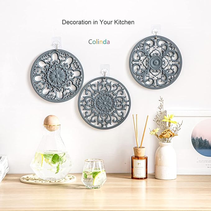 Extra Thick Silicone Trivet Mat for Hot Dishes, Hot Pots and Pans, Pot Holder, Hot Pad to Portect Your Table and Countertop, Kitchen Decor and Accessories,Black,Set of 3
