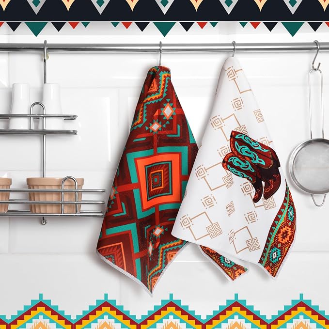 Boyiee Set of 6 Southwestern Kitchen Towels Boho Aztec Theme Dishcloth | Native American Hand Tea Towels 24 x 16 Inches for Absorbent Kitchen Decor with Hanging Loop for Room Home Housewarming Gift